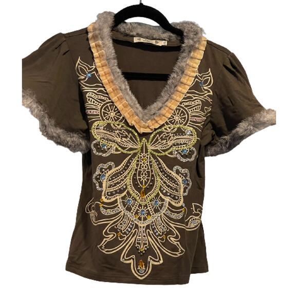 Vintage Free for Humanity Jeweled Beadazzled Med Olive Green Rabbit Fur Trim Top - Picture 4 of 16
